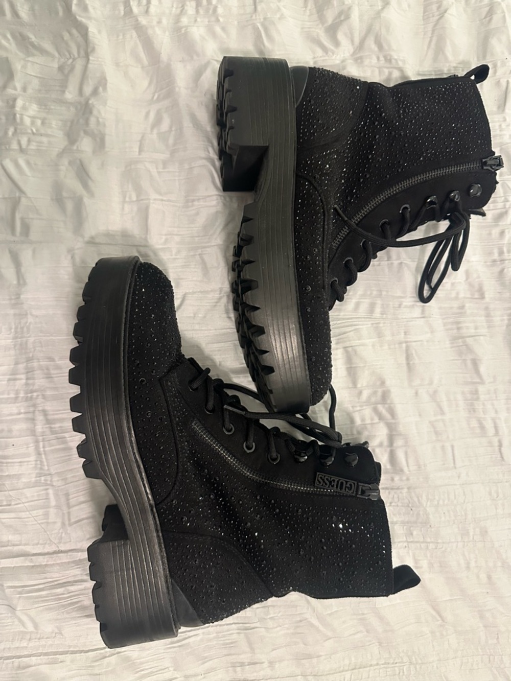 Guess Black Sparkle Lace-Up Platform Combat Boots Size 10
